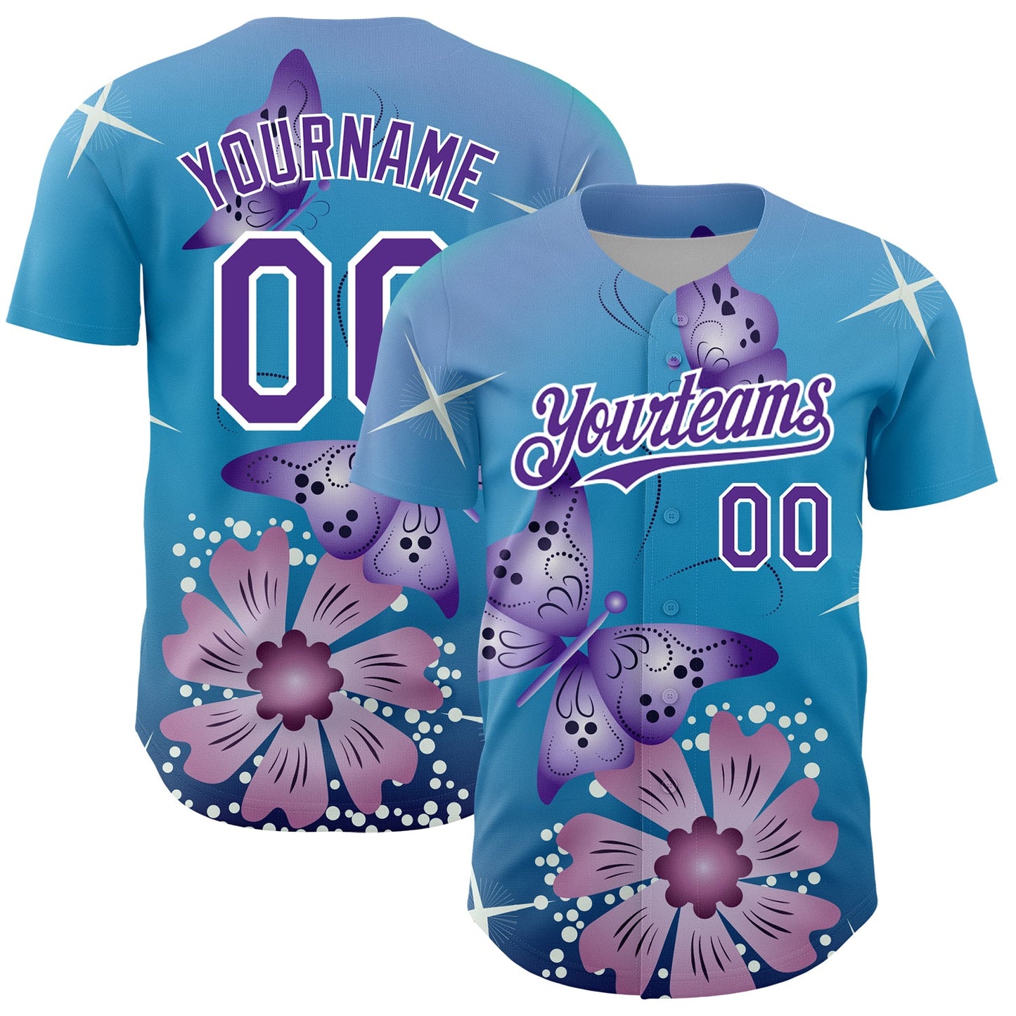 Custom Light Blue Purple-White 3D Pattern Design Animal Butterfly And Flower Authentic Baseball Jersey - Main View