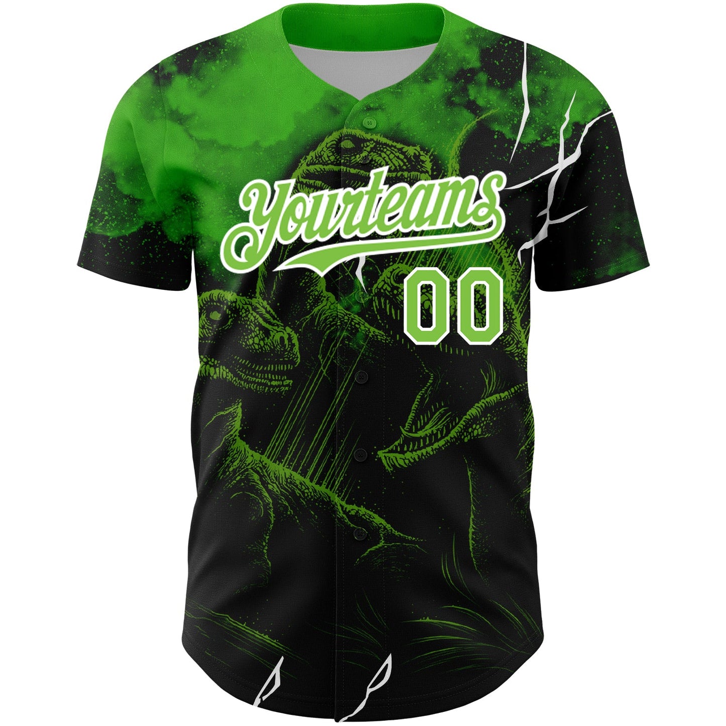 Custom Black Neon Green-White 3D Pattern Design Animal Dinosaur Authentic Baseball Jersey view 2