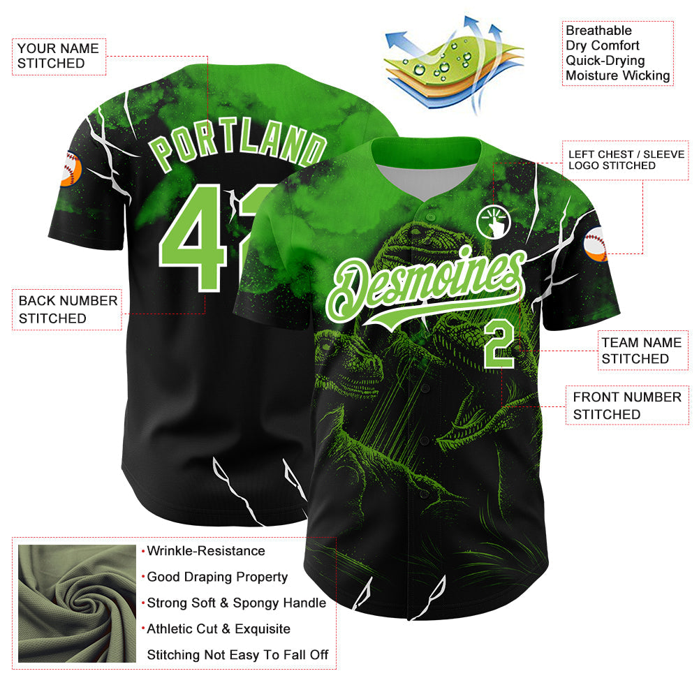 Custom Black Neon Green-White 3D Pattern Design Animal Dinosaur Authentic Baseball Jersey view 3