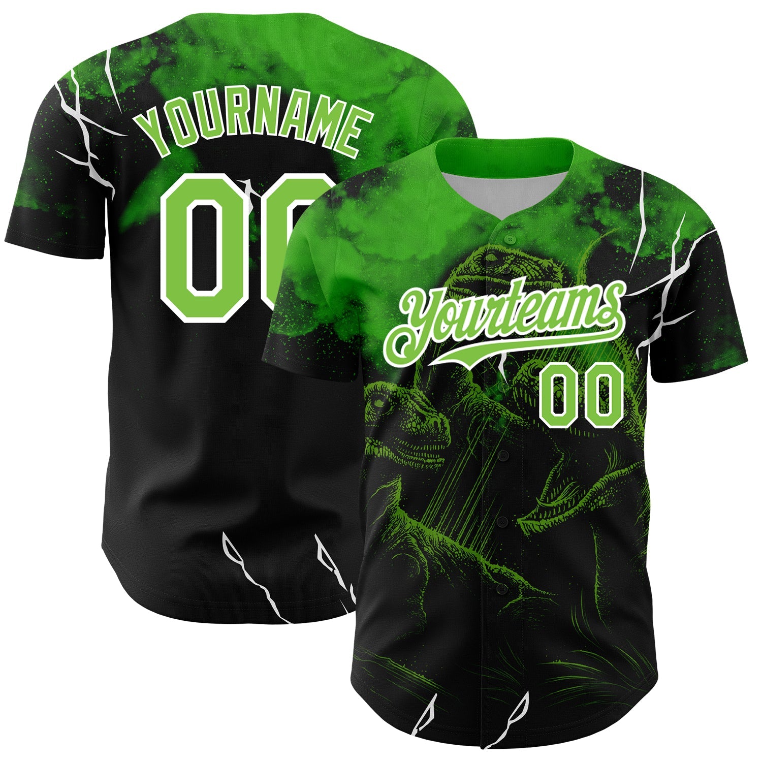 Custom Black Neon Green-White 3D Pattern Design Animal Dinosaur Authentic Baseball Jersey - Main View
