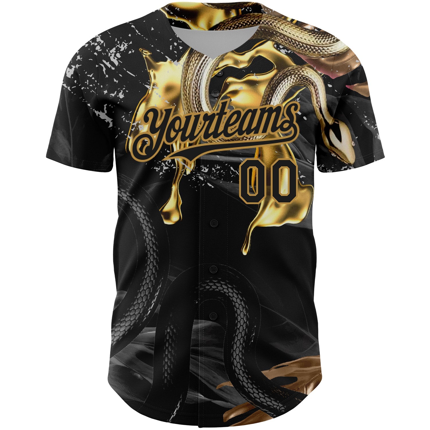 Custom Black Old Gold 3D Pattern Design Animal Snake Authentic Baseball Jersey view 2