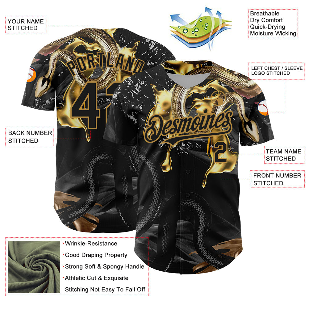 Custom Black Old Gold 3D Pattern Design Animal Snake Authentic Baseball Jersey view 3