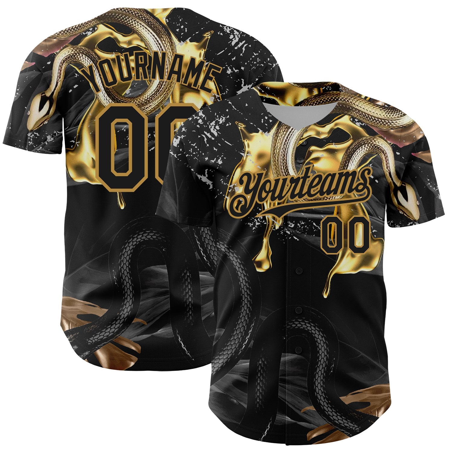 Custom Black Old Gold 3D Pattern Design Animal Snake Authentic Baseball Jersey - Main View