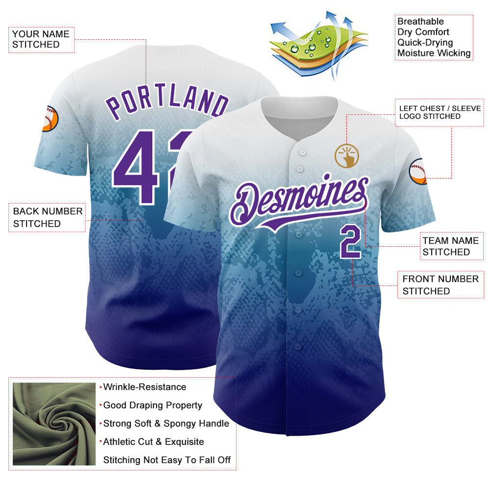 Custom White Purple-Royal 3D Pattern Design Gradient Style Animal Snake Authentic Baseball Jersey view 3