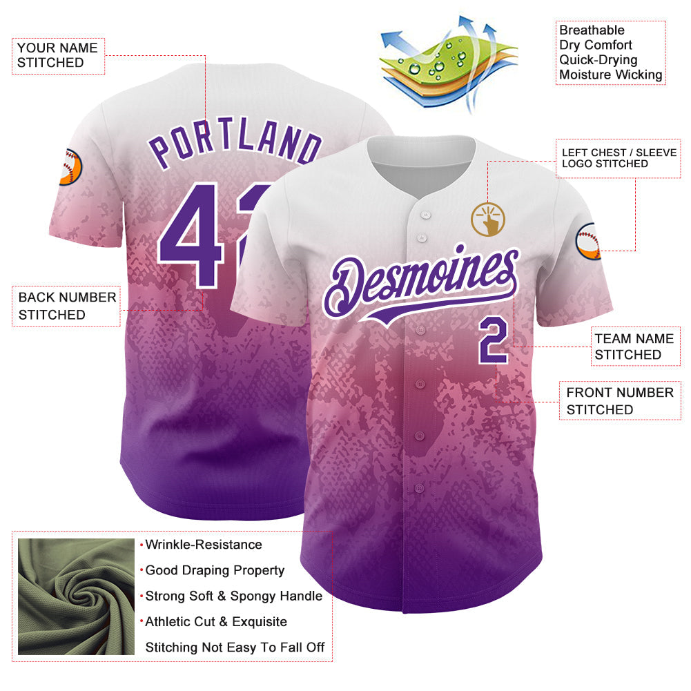 Custom White Purple-Pink 3D Pattern Design Gradient Style Animal Snake Authentic Baseball Jersey view 3