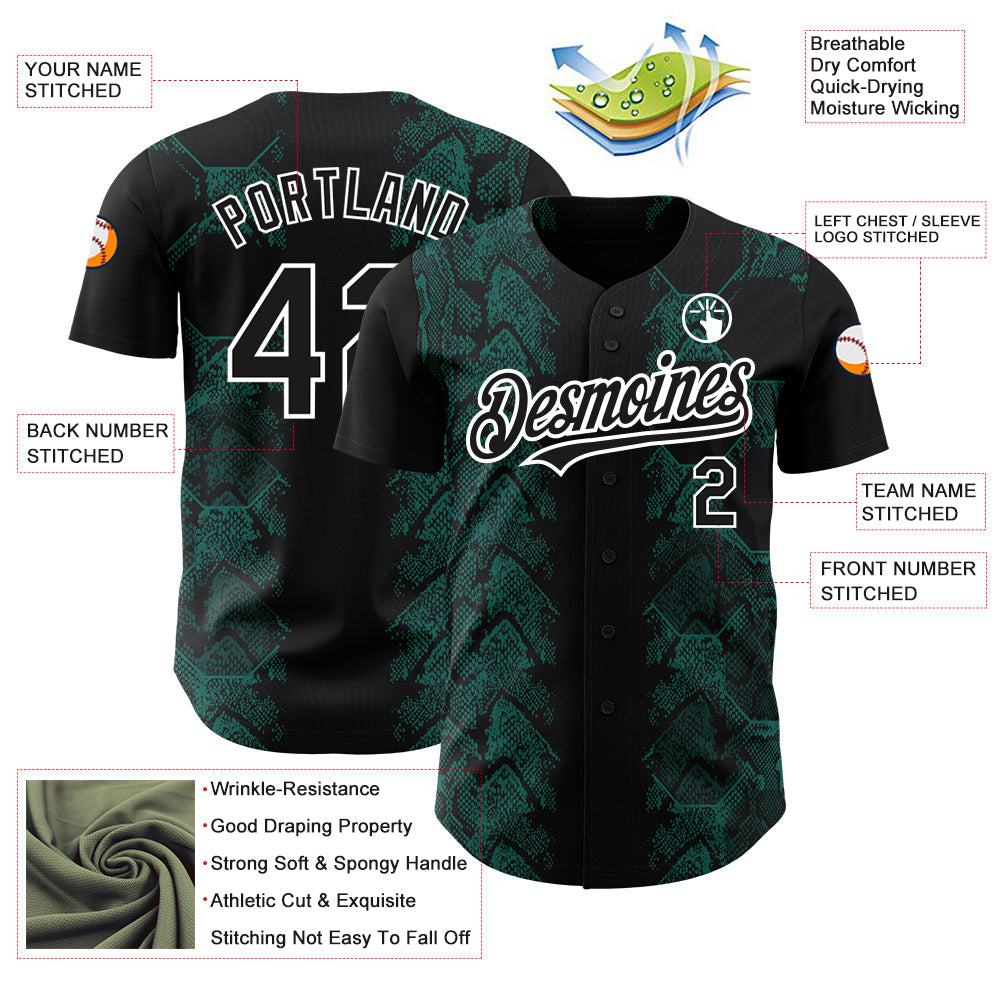 Custom Black Midnight Green-White 3D Pattern Design Animal Snake Authentic Baseball Jersey view 3