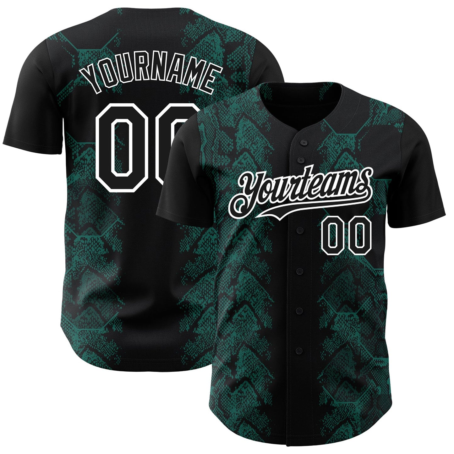 Custom Black Midnight Green-White 3D Pattern Design Animal Snake Authentic Baseball Jersey - Main View