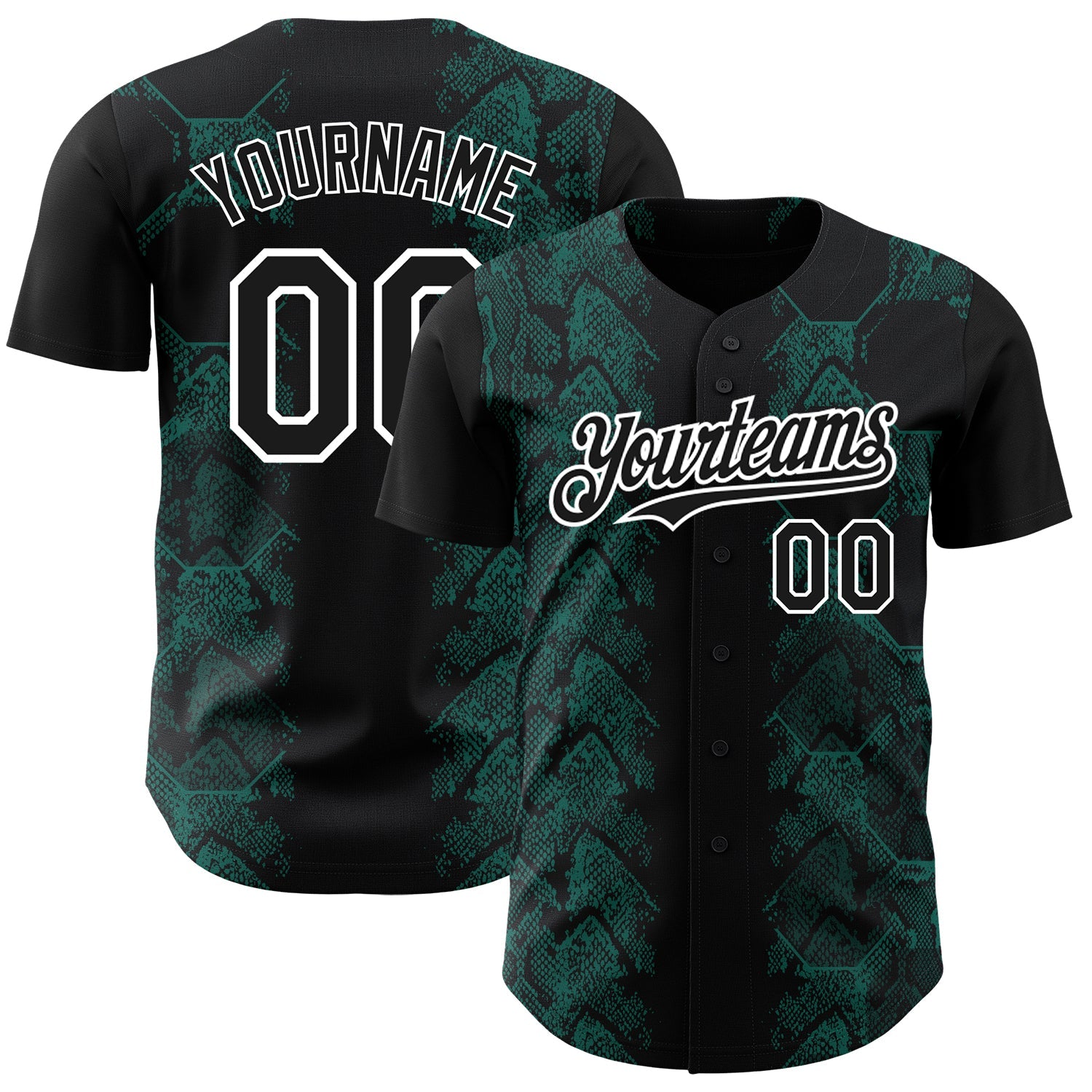 Custom Black Midnight Green-White 3D Pattern Design Animal Snake Authentic Baseball Jersey - Main View
