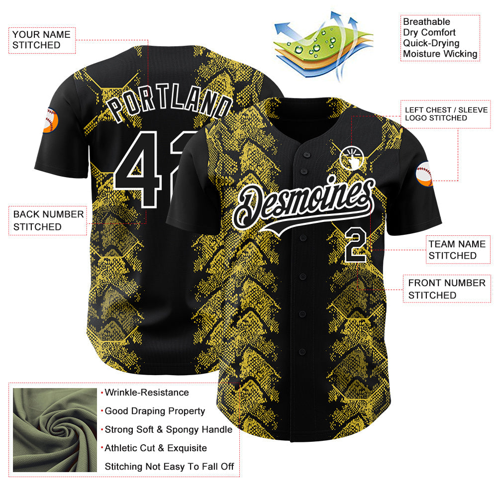 Custom Black Yellow-White 3D Pattern Design Animal Snake Authentic Baseball Jersey view 3