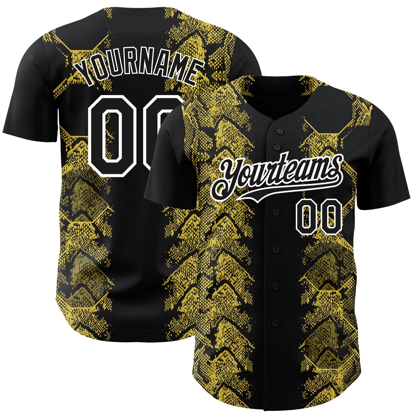 Custom Black Yellow-White 3D Pattern Design Animal Snake Authentic Baseball Jersey - Main View