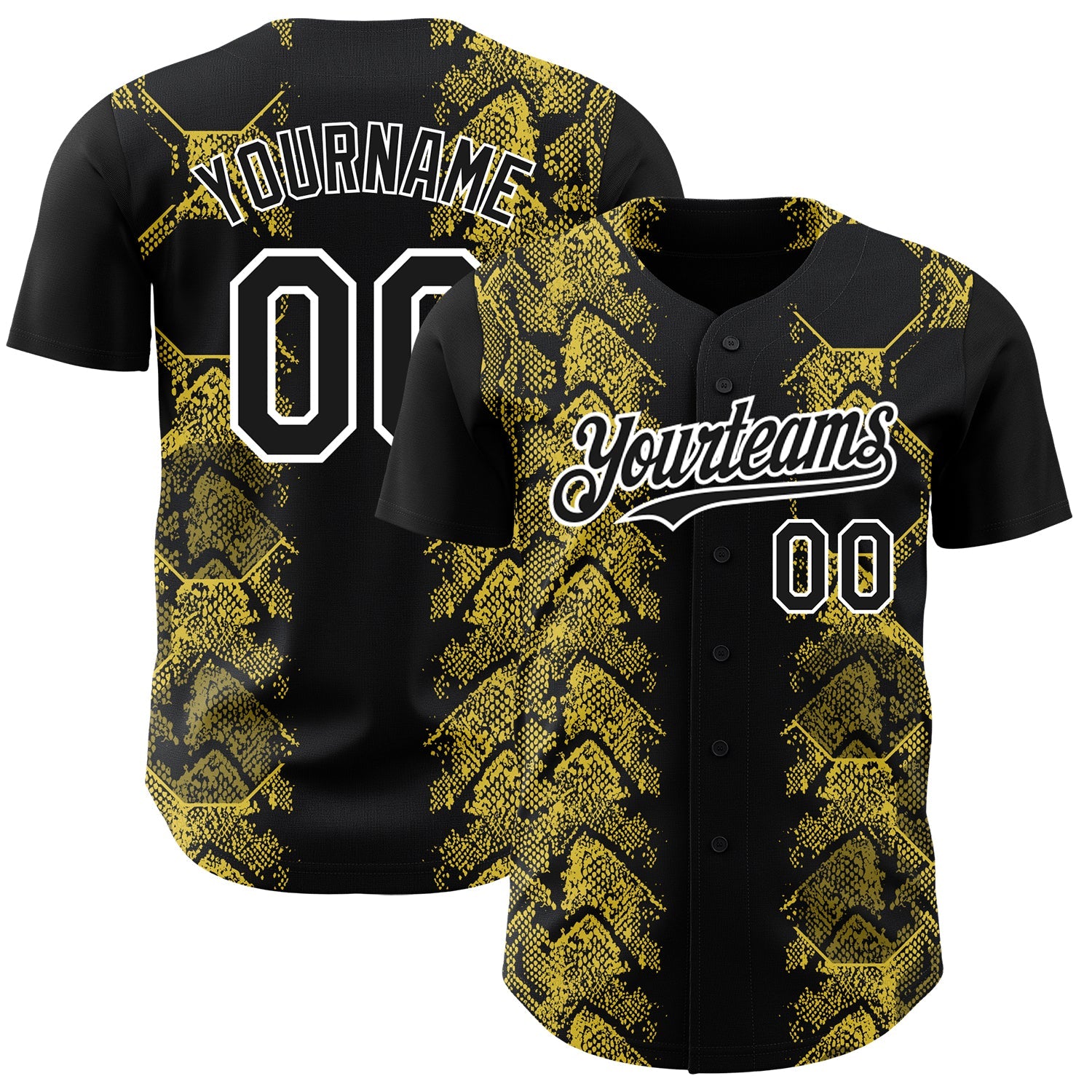 Custom Black Yellow-White 3D Pattern Design Animal Snake Authentic Baseball Jersey - Main View
