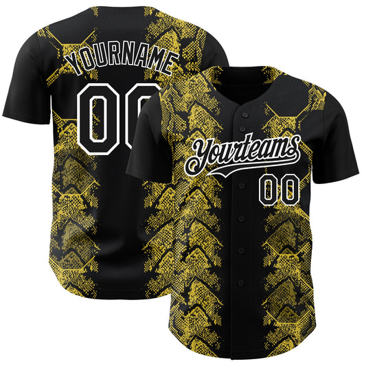 Custom Black Yellow-White 3D Pattern Design Animal Snake Authentic Baseball Jersey - Main View
