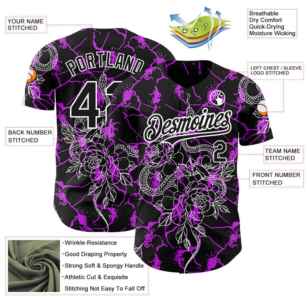 Custom Black Purple-White 3D Pattern Design Animal Snake Authentic Baseball Jersey view 3