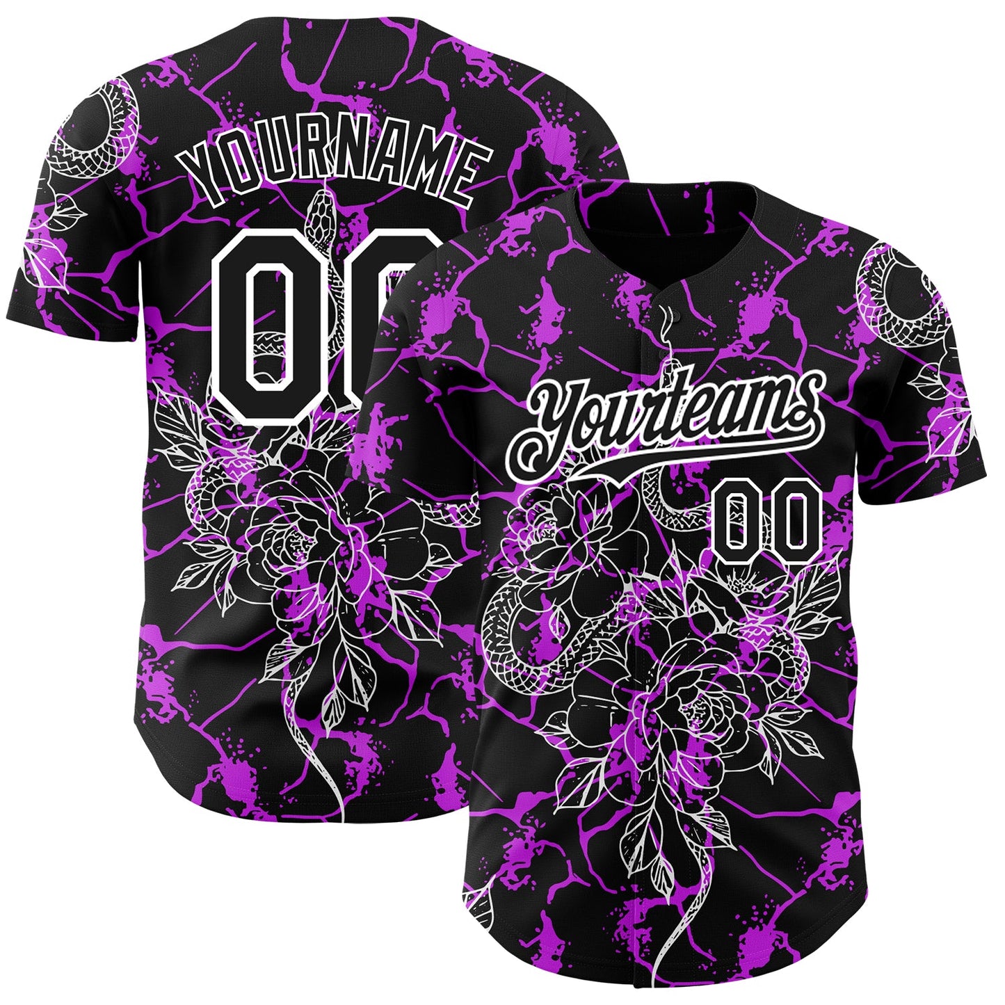 Custom Black Purple-White 3D Pattern Design Animal Snake Authentic Baseball Jersey - Main View