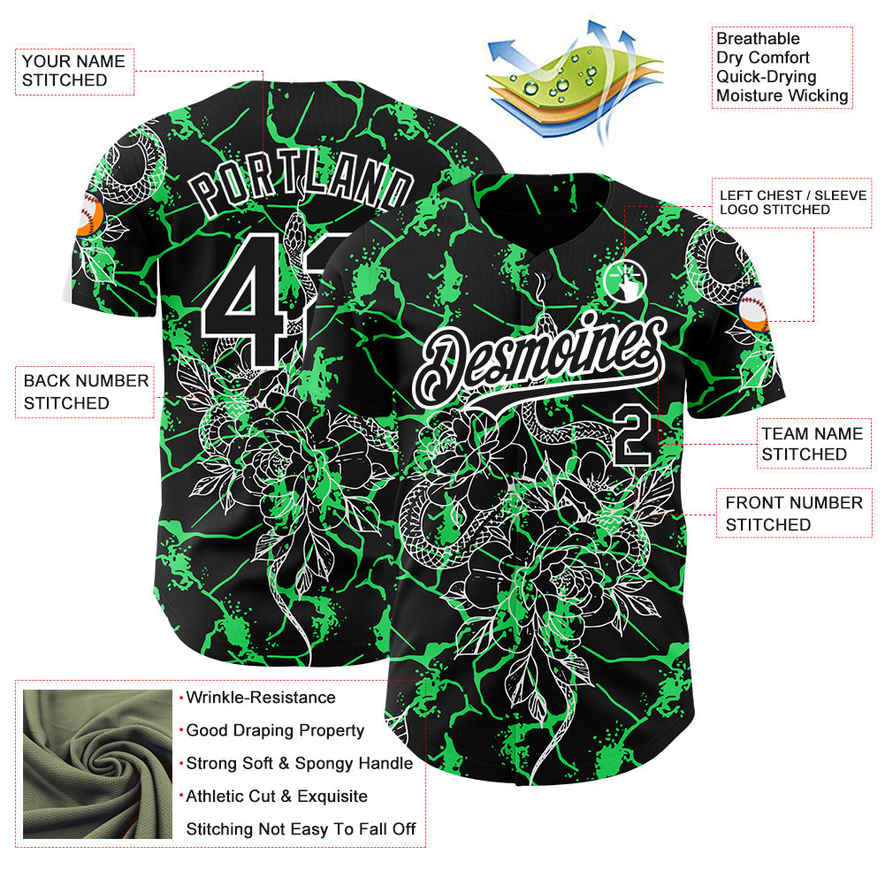 Custom Black Neon Green-White 3D Pattern Design Animal Snake Authentic Baseball Jersey view 3