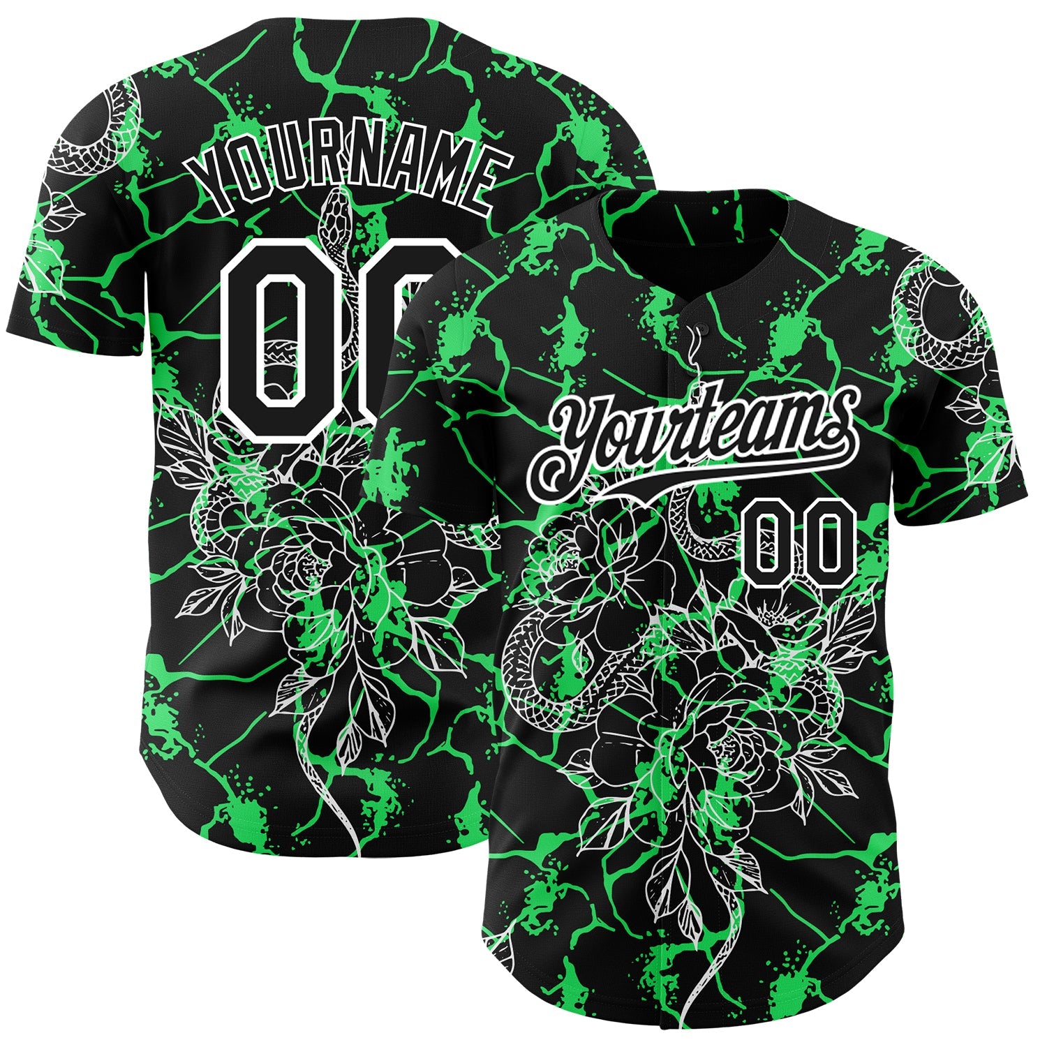 Custom Black Neon Green-White 3D Pattern Design Animal Snake Authentic Baseball Jersey - Main View