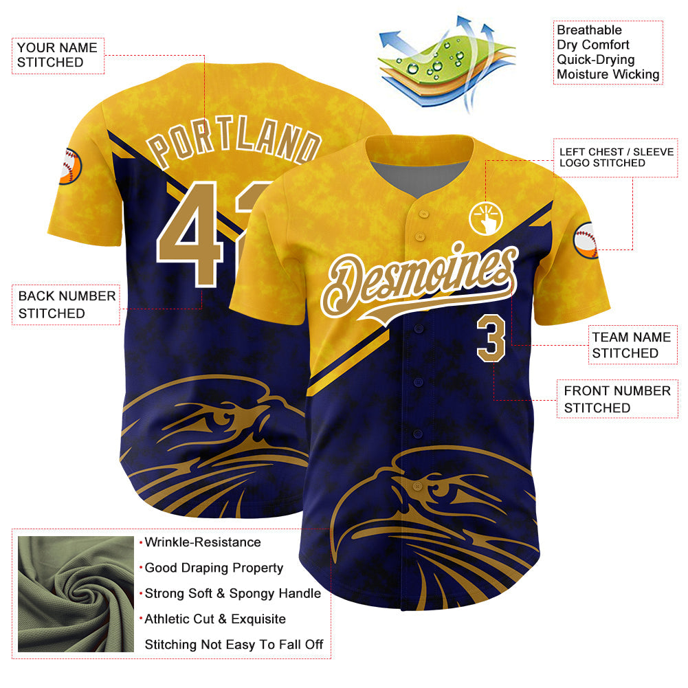 Custom Yellow Old Gold-Navy 3D Pattern Design Animal Eagle Authentic Baseball Jersey view 3