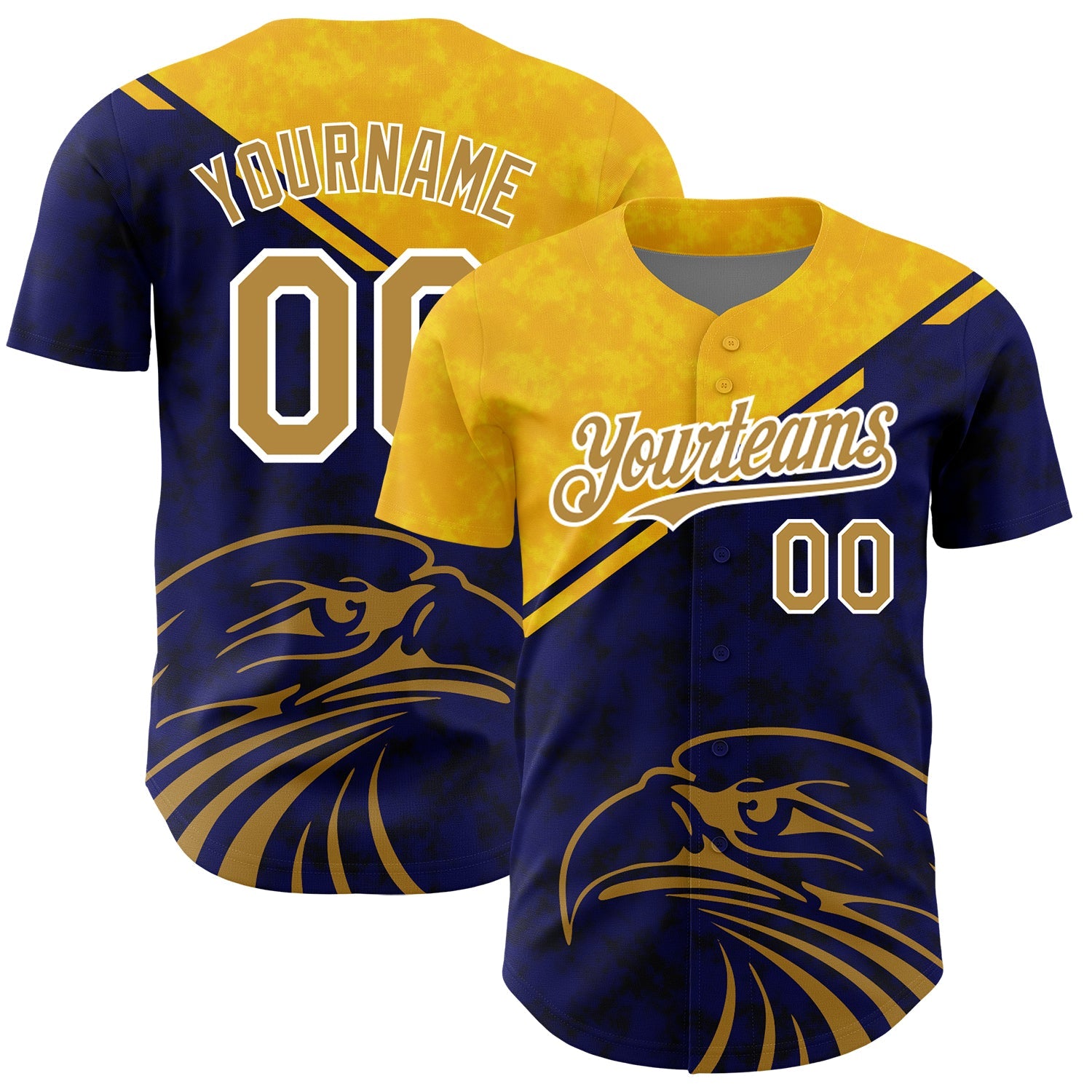 Custom Yellow Old Gold-Navy 3D Pattern Design Animal Eagle Authentic Baseball Jersey - Main View