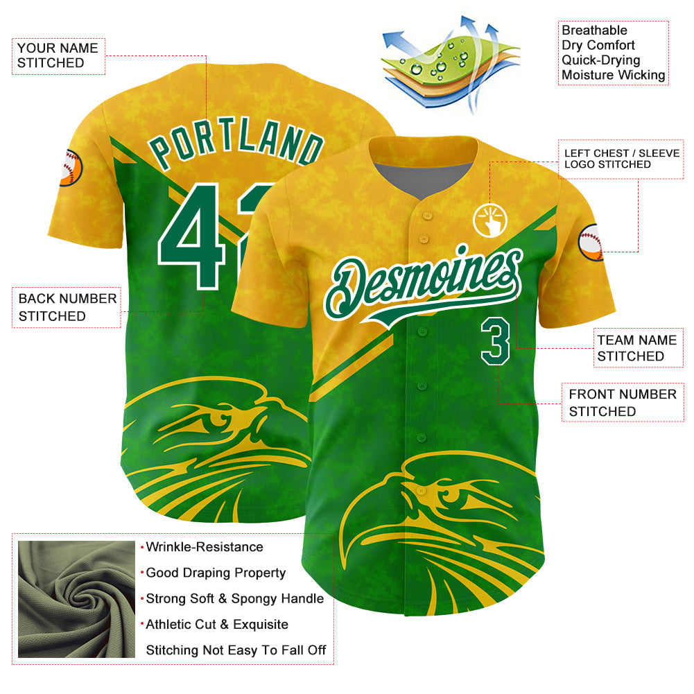 Custom Yellow Kelly Green-White 3D Pattern Design Animal Eagle Authentic Baseball Jersey view 3