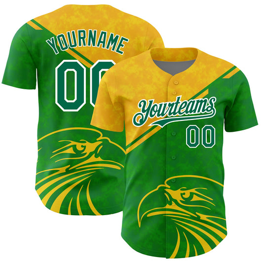 Custom Yellow Kelly Green-White 3D Pattern Design Animal Eagle Authentic Baseball Jersey - Main View