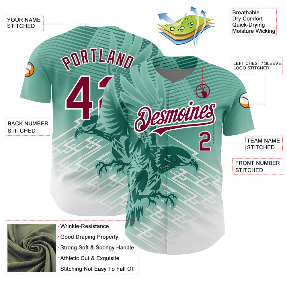 Custom Teal Crimson-White 3D Pattern Design Animal Eagle Authentic Baseball Jersey view 3