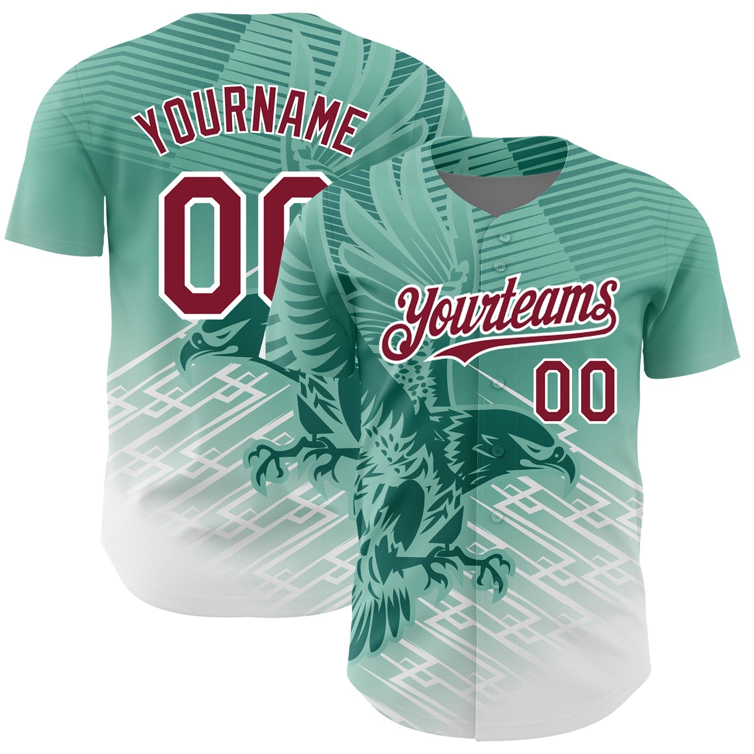 Custom Teal Crimson-White 3D Pattern Design Animal Eagle Authentic Baseball Jersey - Main View