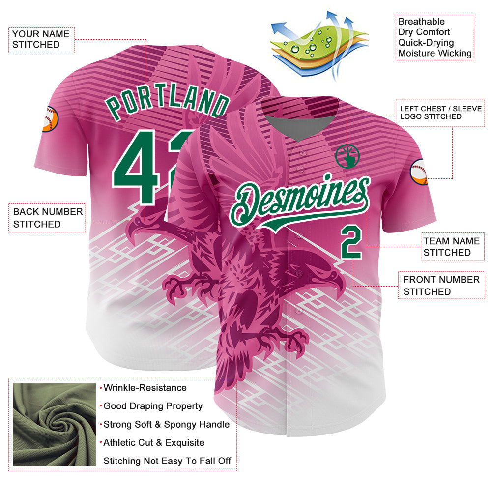 Custom Pink Kelly Green-White 3D Pattern Design Animal Eagle Authentic Baseball Jersey view 3