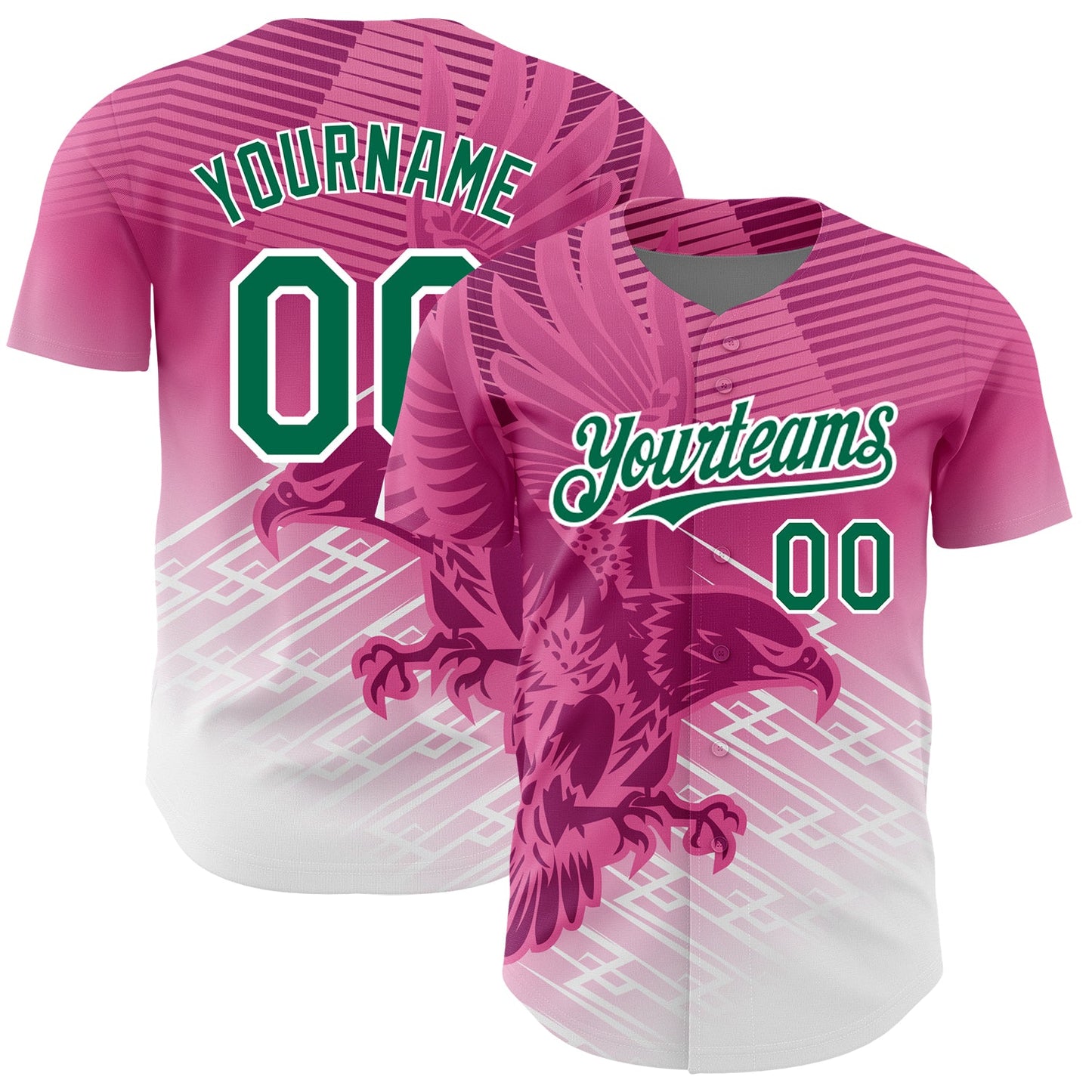 Custom Pink Kelly Green-White 3D Pattern Design Animal Eagle Authentic Baseball Jersey - Main View
