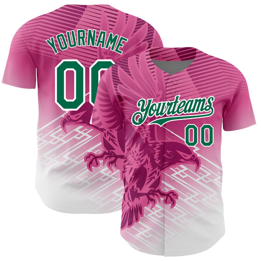 Custom Pink Kelly Green-White 3D Pattern Design Animal Eagle Authentic Baseball Jersey - Main View