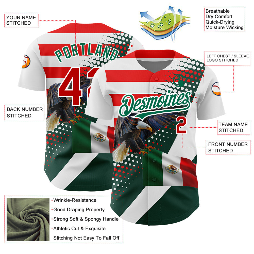 Custom White Red-Kelly Green 3D Mexico Authentic Baseball Jersey view 3