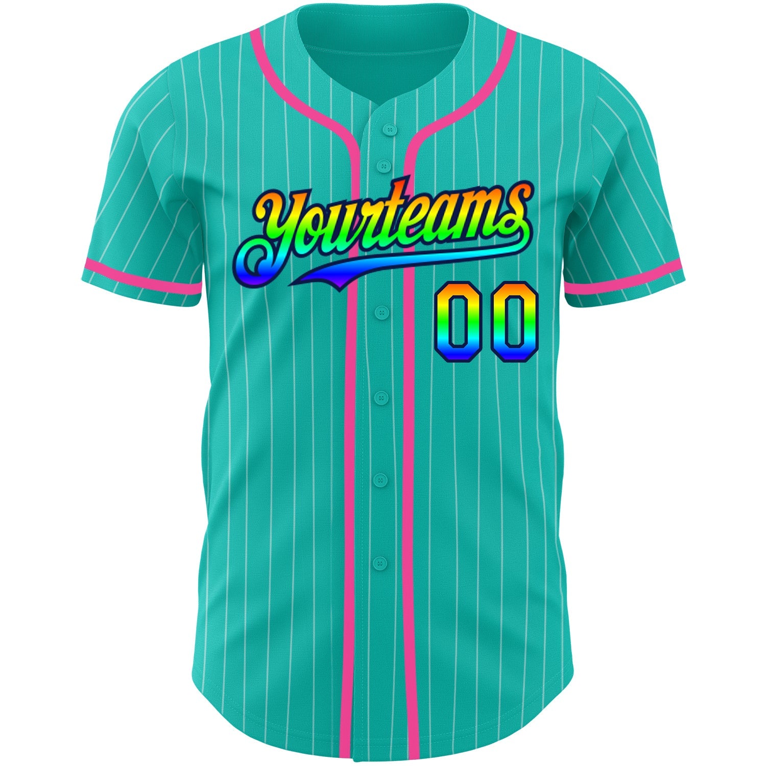 Custom Aqua White Pinstripe Rainbow Navy-Pink 3D Authentic Baseball Jersey view 2