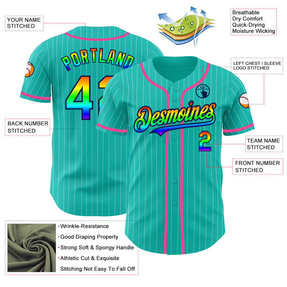 Custom Aqua White Pinstripe Rainbow Navy-Pink 3D Authentic Baseball Jersey view 3