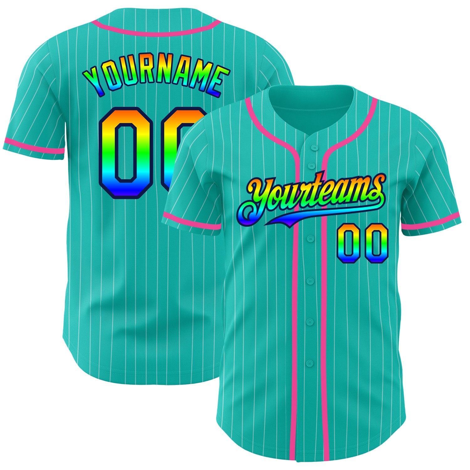 Custom Aqua White Pinstripe Rainbow Navy-Pink 3D Authentic Baseball Jersey - Main View