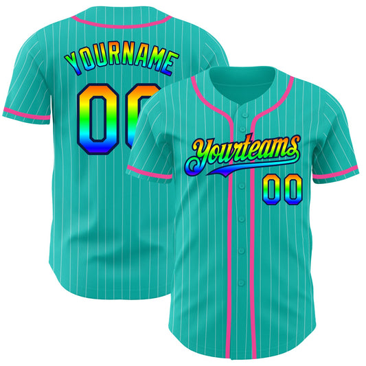 Custom Aqua White Pinstripe Rainbow Navy-Pink 3D Authentic Baseball Jersey - Main View