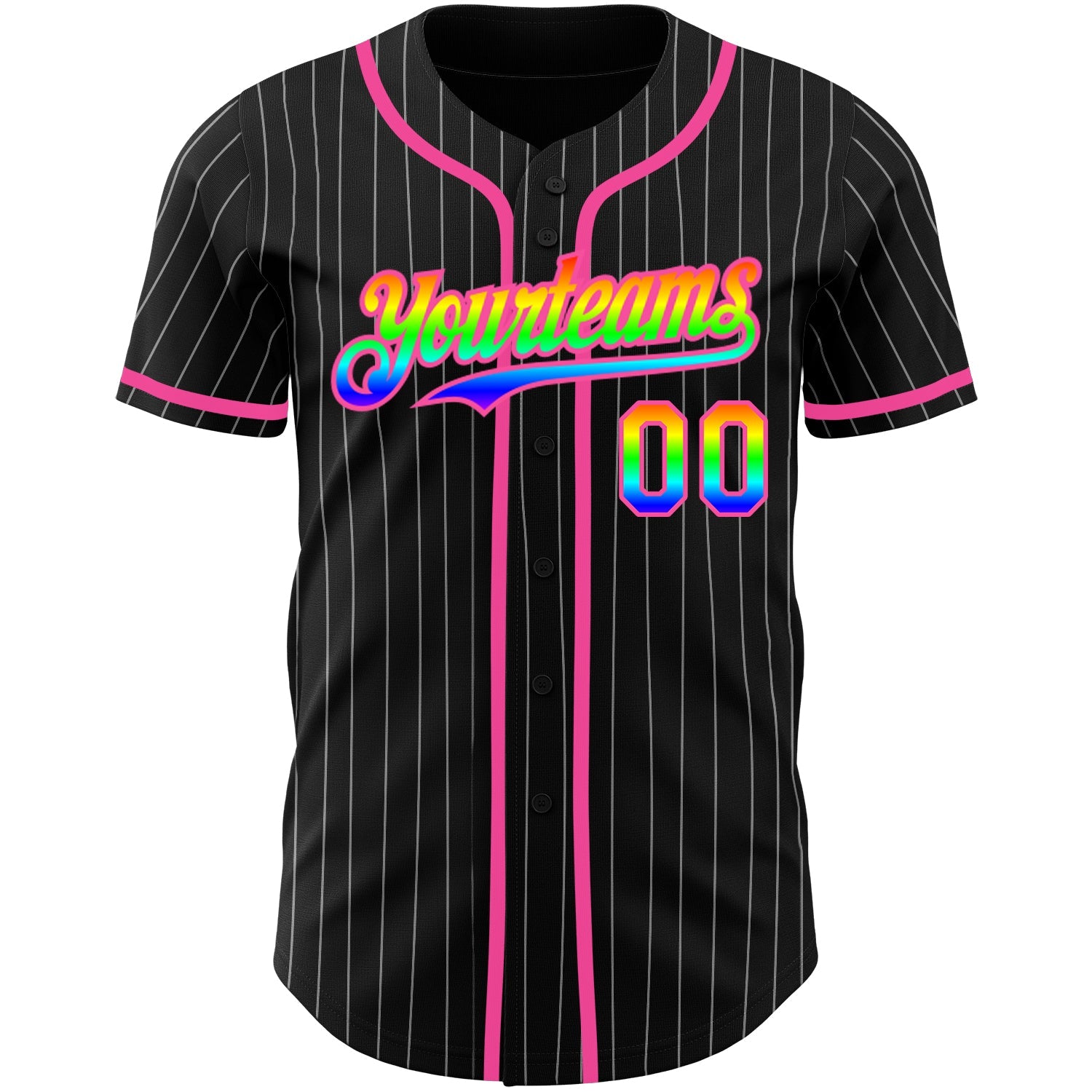 Custom Black White Pinstripe Rainbow-Pink 3D Authentic Baseball Jersey view 2