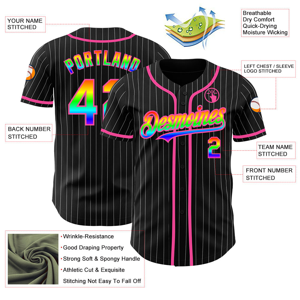 Custom Black White Pinstripe Rainbow-Pink 3D Authentic Baseball Jersey view 3