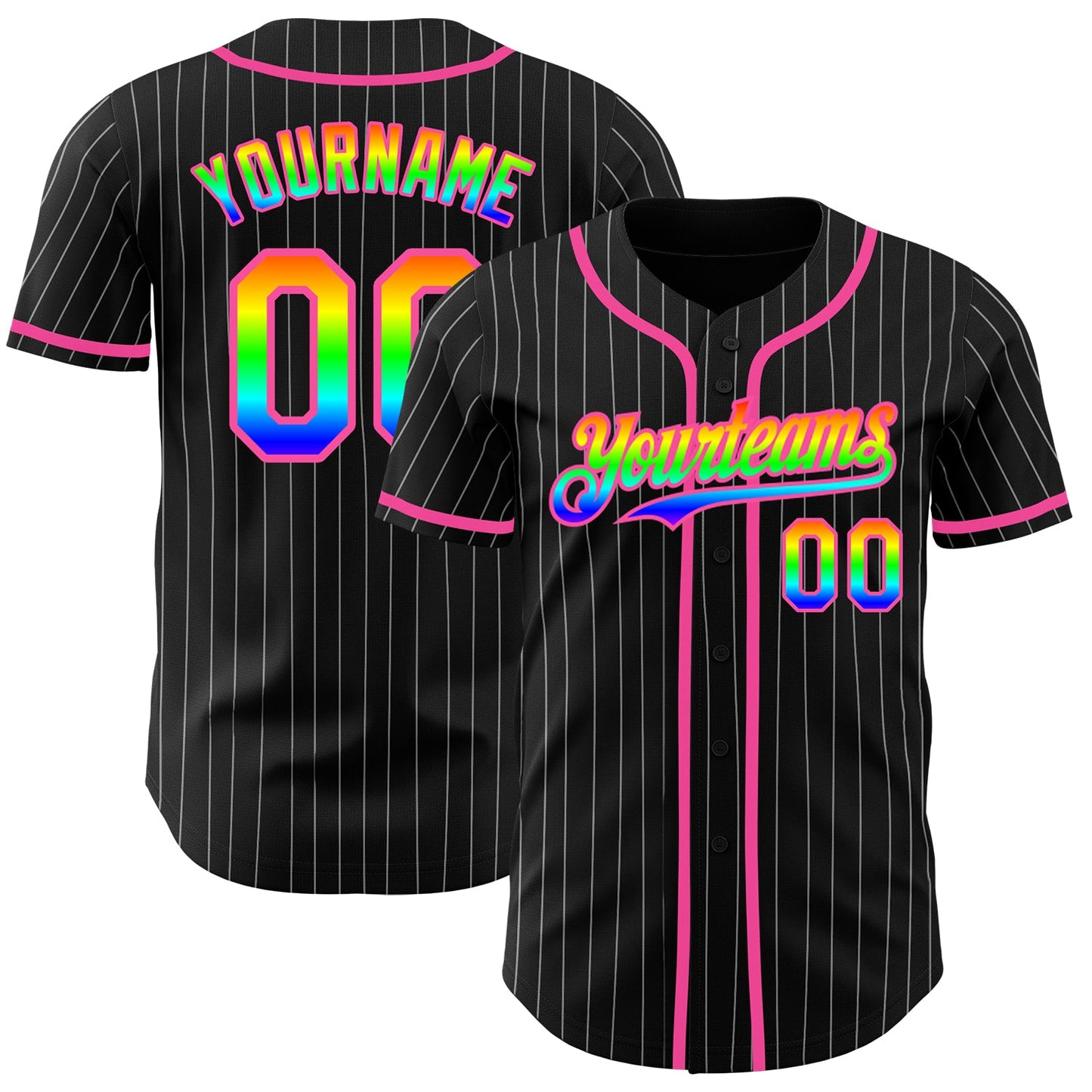 Custom Black White Pinstripe Rainbow-Pink 3D Authentic Baseball Jersey - Main View