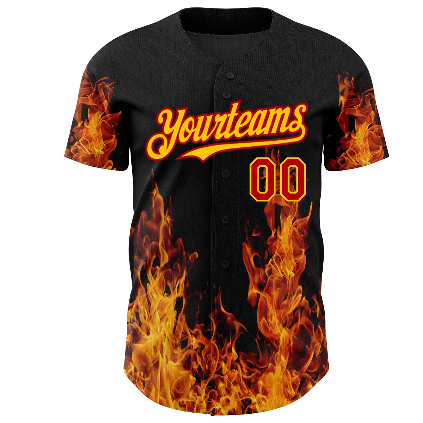Custom Black Red-Yellow 3D Pattern Design Flame Authentic Baseball Jersey view 3