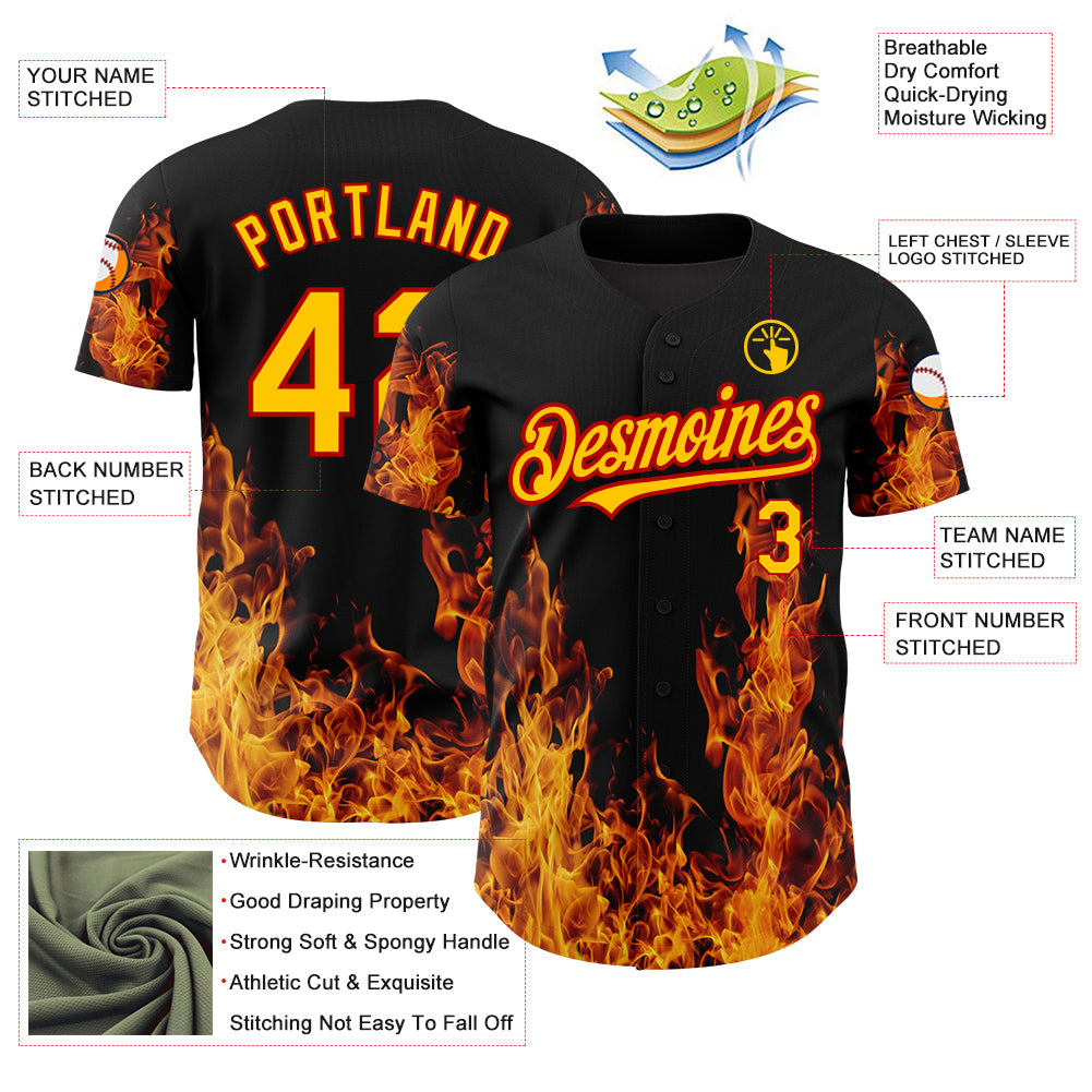 Custom Black Red-Yellow 3D Pattern Design Flame Authentic Baseball Jersey view 4