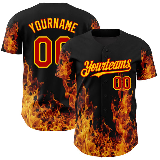 Custom Black Red-Yellow 3D Pattern Design Flame Authentic Baseball Jersey - Main View