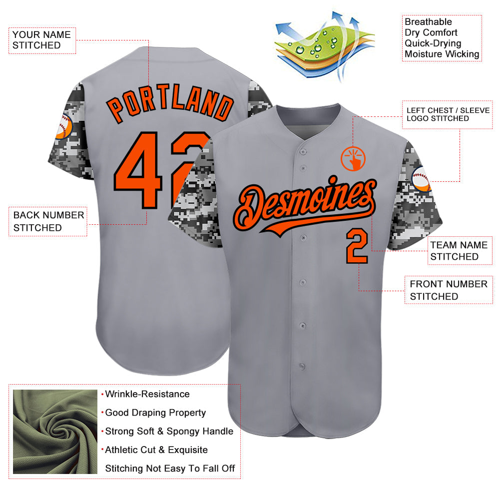 Custom Gray Orange Black-Camo 3D Pattern Design Authentic Baseball Jersey view 3