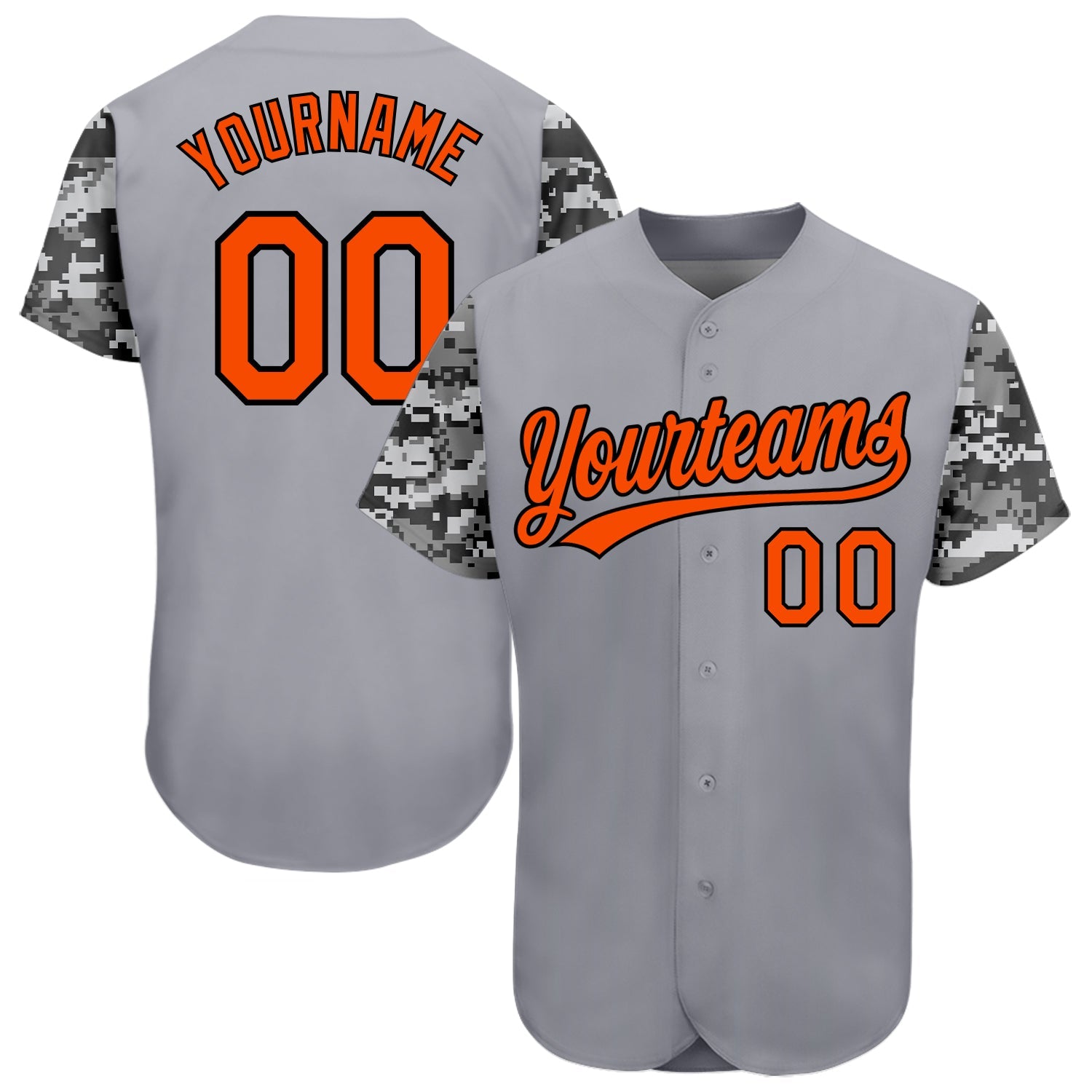 Custom Gray Orange Black-Camo 3D Pattern Design Authentic Baseball Jersey - Main View