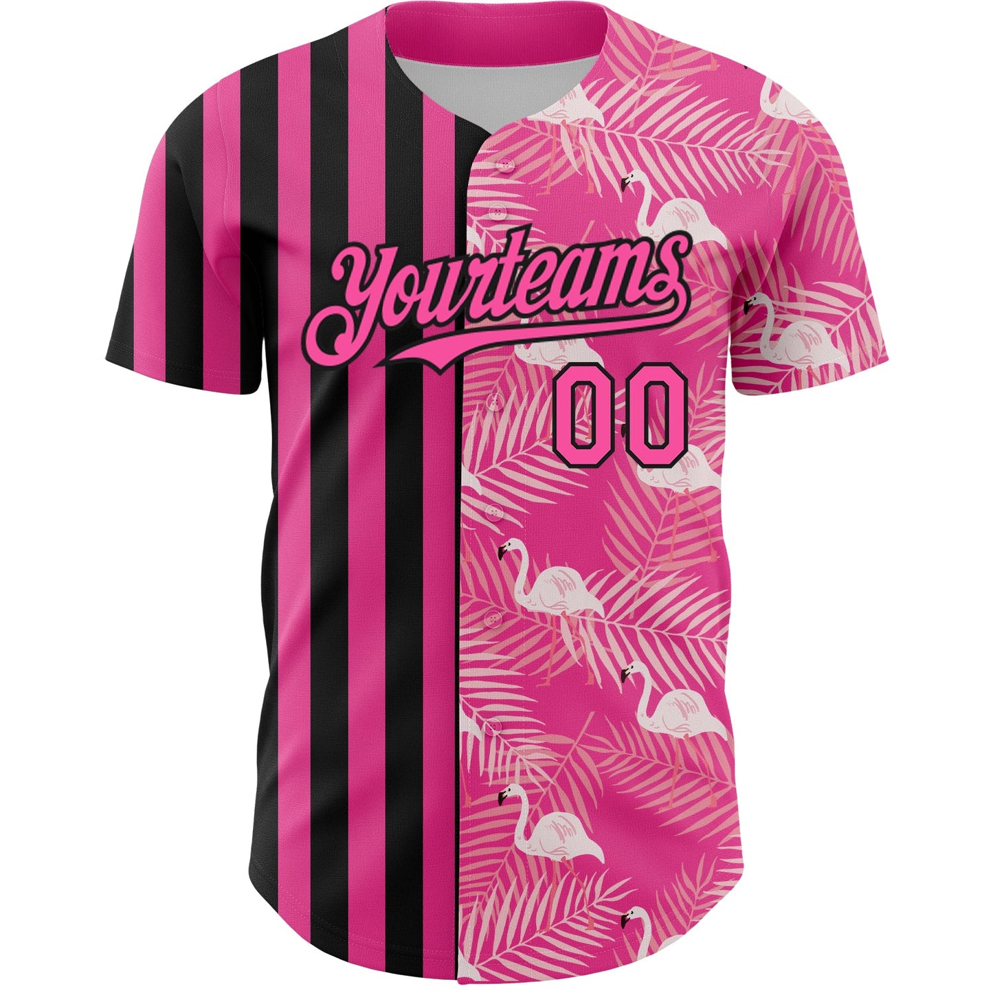 Custom Pink Black 3D Pattern Design Tropical Palm Leaves And Famingo Authentic Baseball Jersey view 2