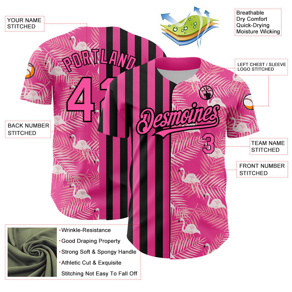 Custom Pink Black 3D Pattern Design Tropical Palm Leaves And Famingo Authentic Baseball Jersey view 3