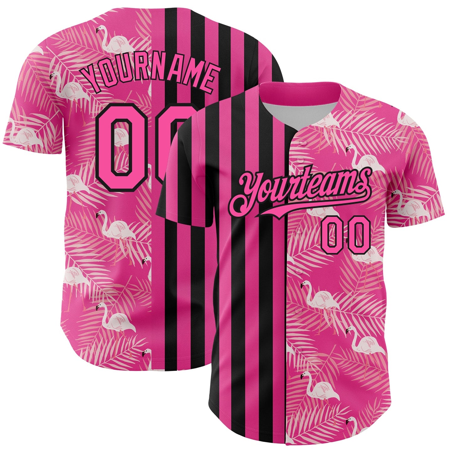 Custom Pink Black 3D Pattern Design Tropical Palm Leaves And Famingo Authentic Baseball Jersey - Main View