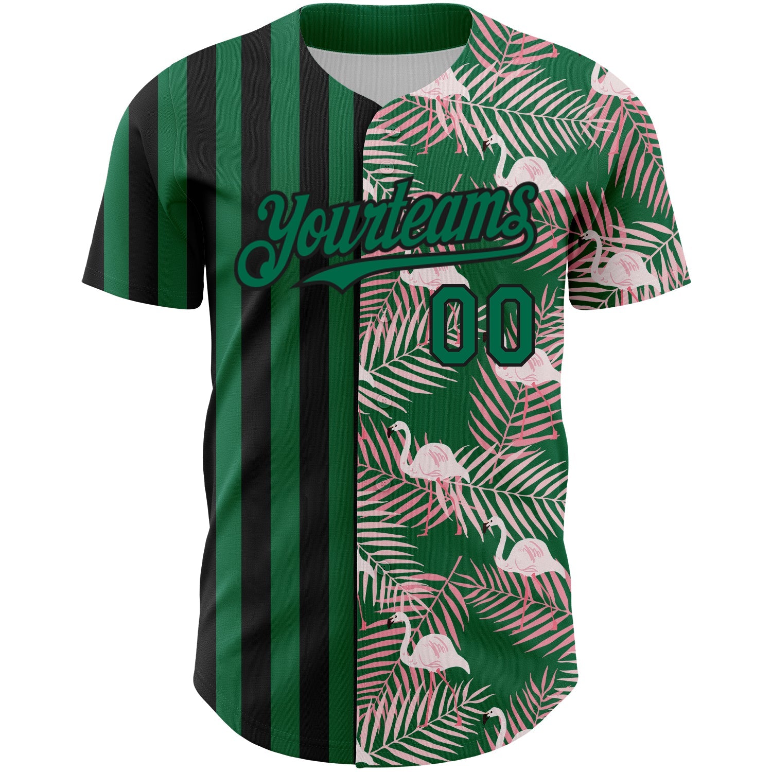 Custom Kelly Green Black 3D Pattern Design Tropical Palm Leaves And Famingo Authentic Baseball Jersey view 2