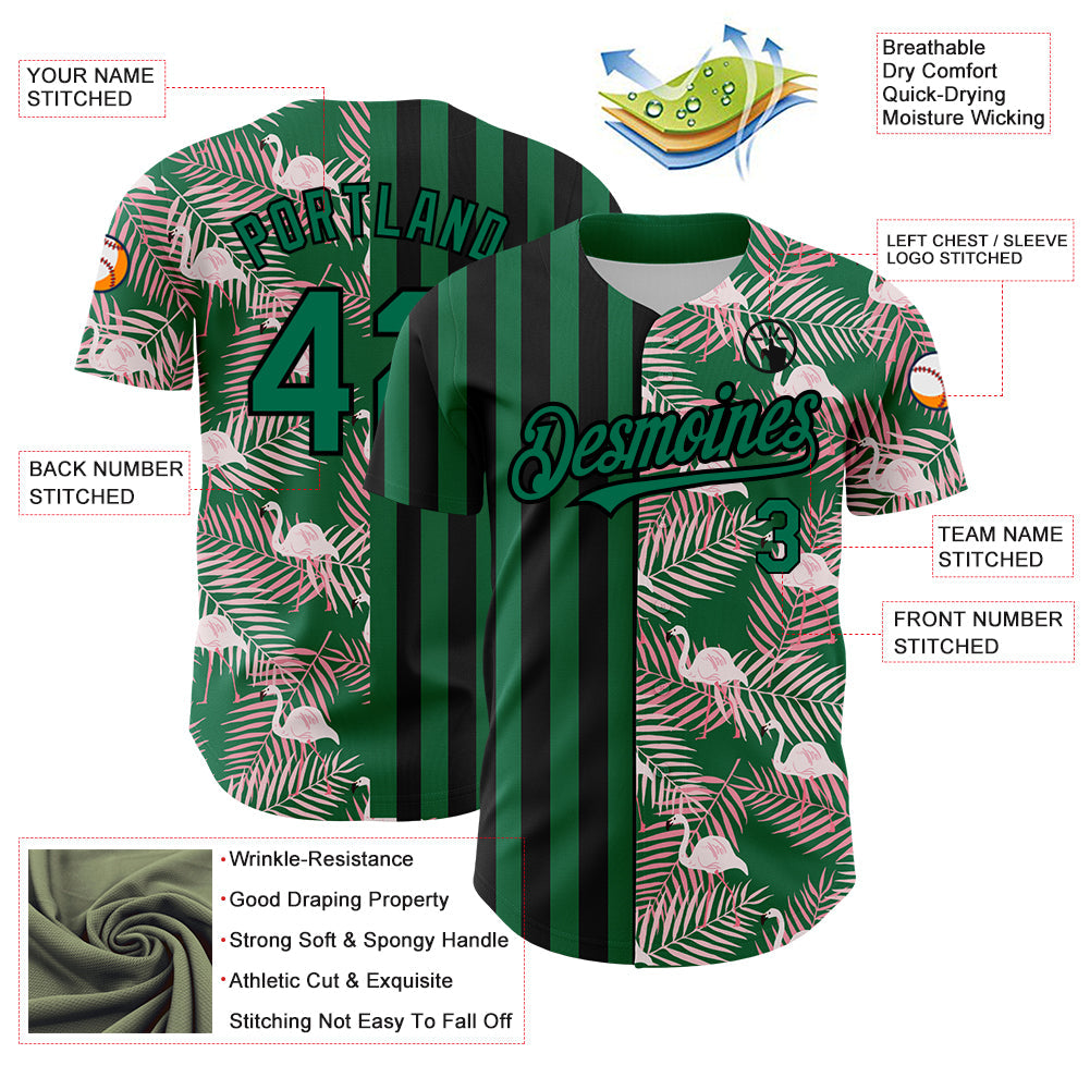 Custom Kelly Green Black 3D Pattern Design Tropical Palm Leaves And Famingo Authentic Baseball Jersey view 3