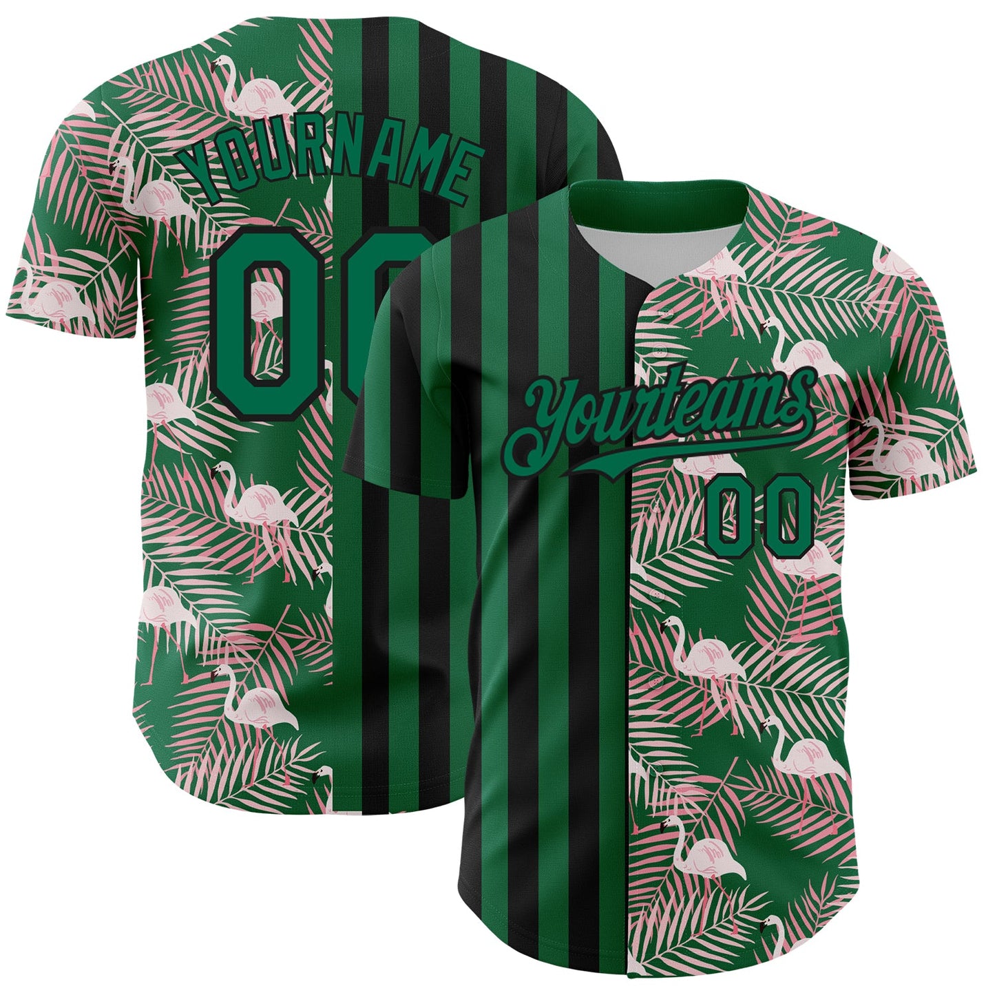 Custom Kelly Green Black 3D Pattern Design Tropical Palm Leaves And Famingo Authentic Baseball Jersey - Main View