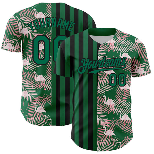 Custom Kelly Green Black 3D Pattern Design Tropical Palm Leaves And Famingo Authentic Baseball Jersey - Main View
