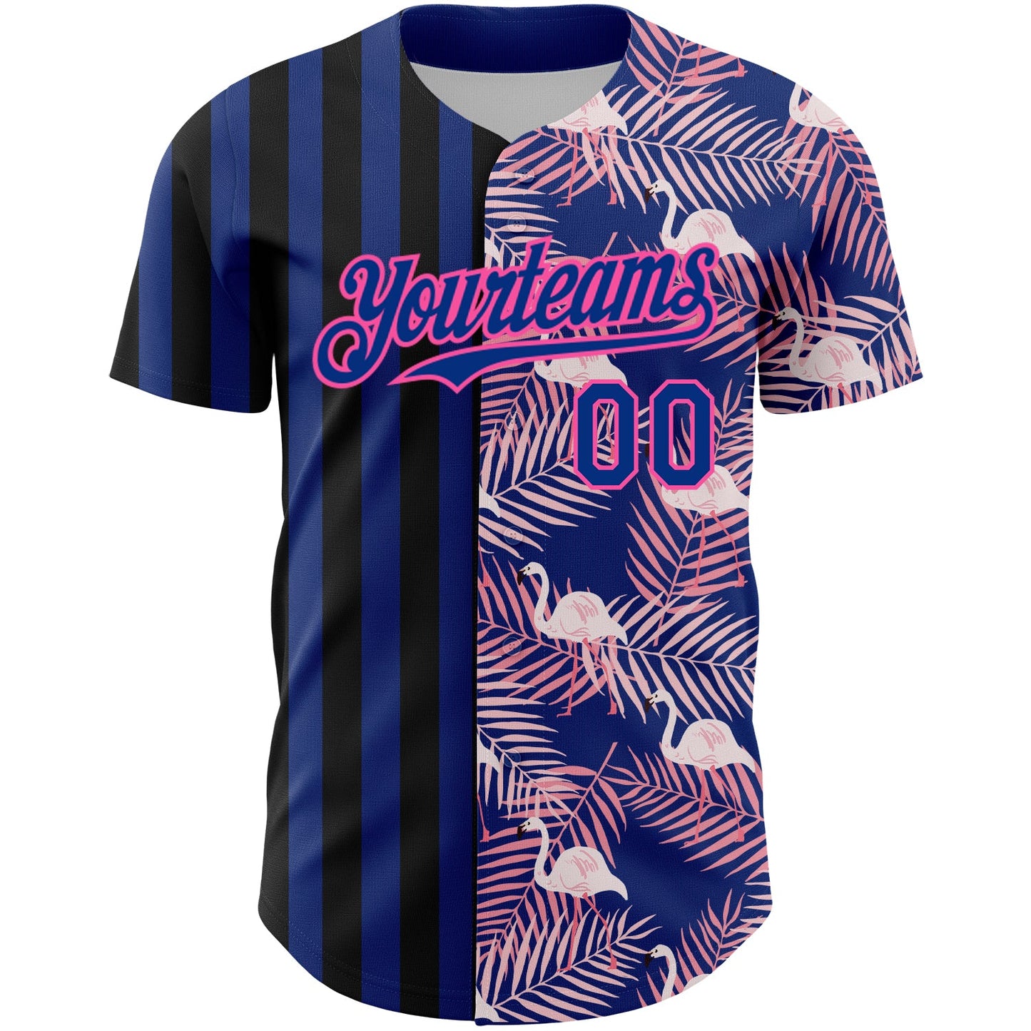 Custom Royal Pink-Black 3D Pattern Design Tropical Palm Leaves And Famingo Authentic Baseball Jersey view 2